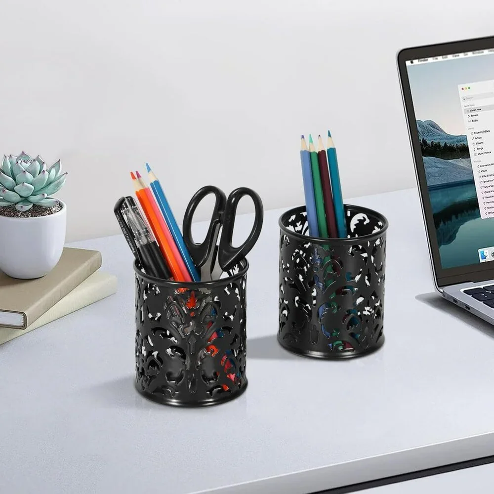 Metal Round Pencil Holder 2 Pack Black Pen Cup Holders Organizer for Desk - Picture 2 of 9